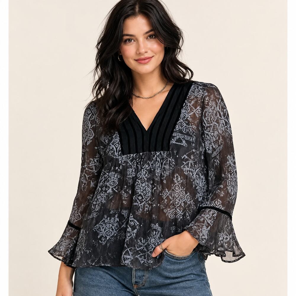 Sundance Boho Top Womens Size 4 Blue Black Sheer Lace Bib Bell Sleeves Silk